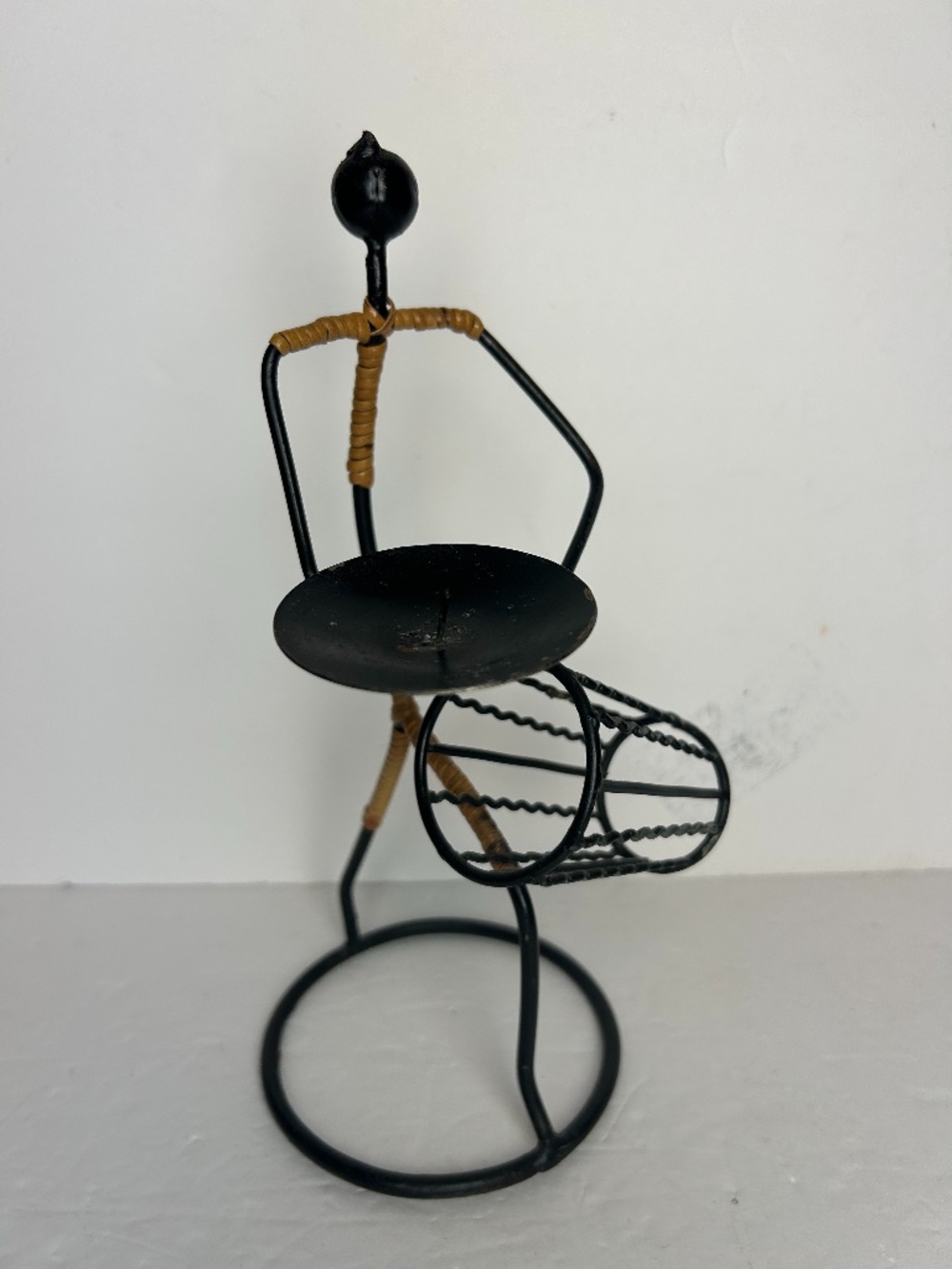 MCM Metal & Rattan Male Figure Black Iron Art Tea Light Holder Ethnic Sculpture